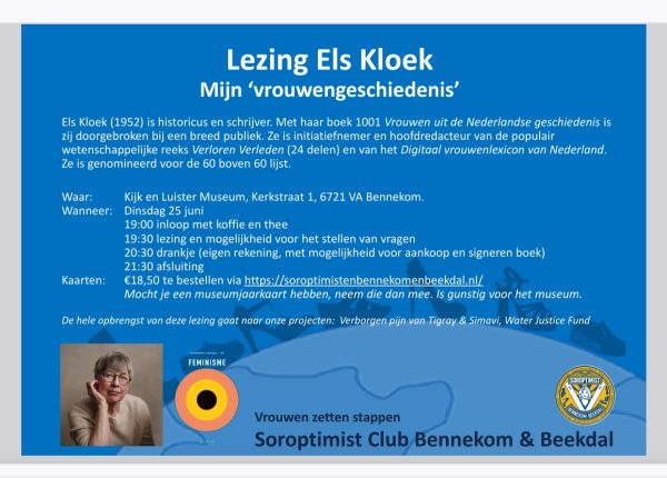 Schrijfster van het boek 1001 vrouwen uit de Nederlandse geschiedenis, Els Kloek komt voor een lezing naar Bennekom, 25 juni. Maatschappelijk cafe van de Soroptimistclub Bennekom & Beekdal